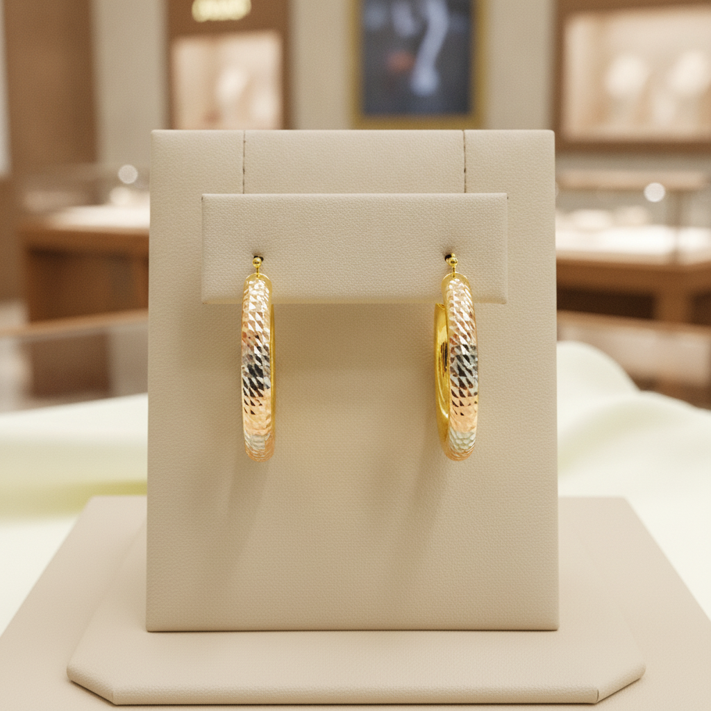GER77. 14K Tri-Color Gold Diamond-Cut Hollow Hoop Earrings