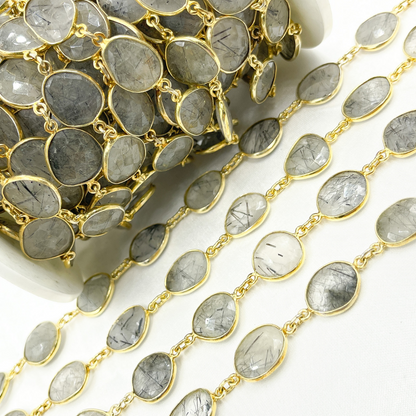 Black Rutile Organic Shape Bezel Gold Plated Wire Chain.