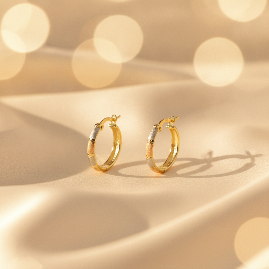 GER50. 14K Solid Tri-Tone Gold Earrings Circle Shape Hoop