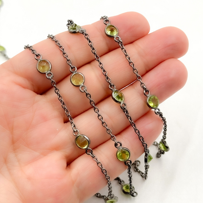 Peridot Round Shape Bezel Oxidized Connected Wire Chain