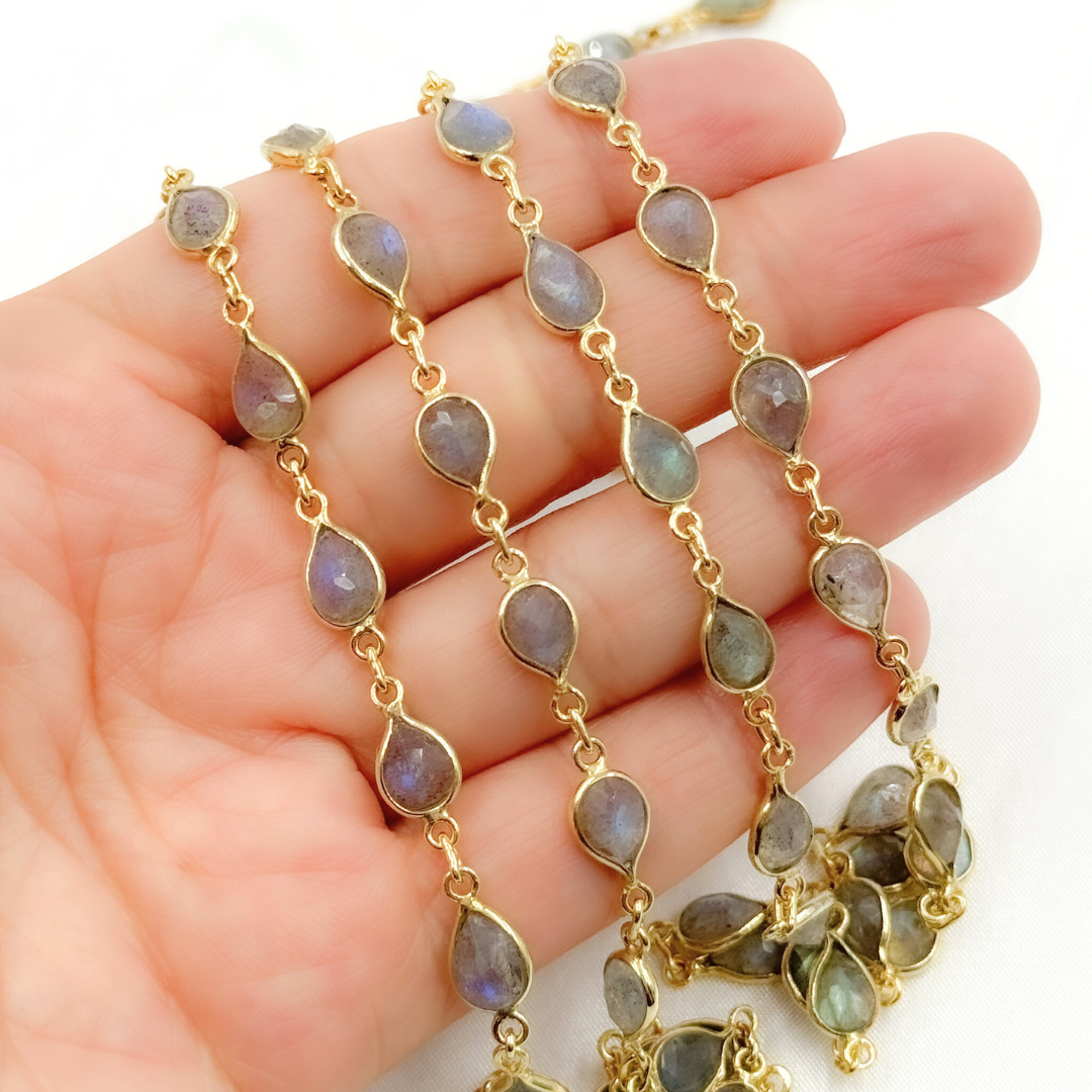 Labradorite Pear Shape Bezel Gold Plated Wire Chain. LAB28