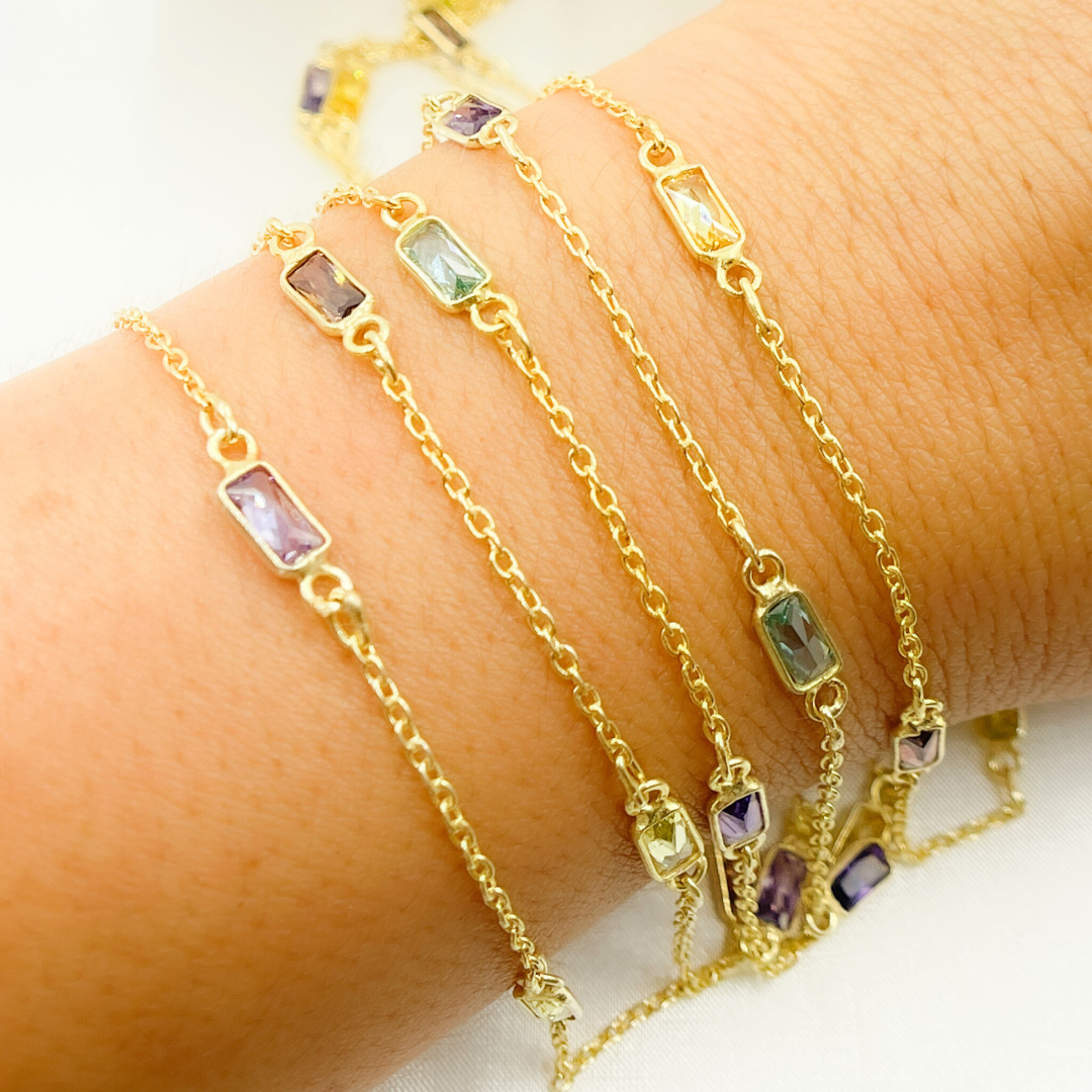 Multi Color Cubic Zirconia Rectangular Shape Connected Chain