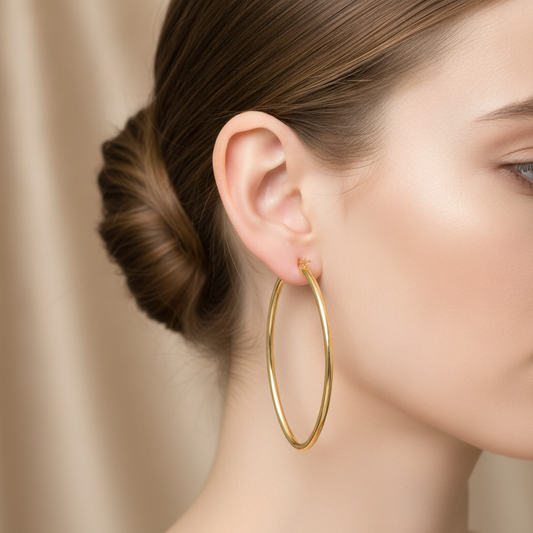 GER152. 14K Solid Gold Hollow Oval Hoop