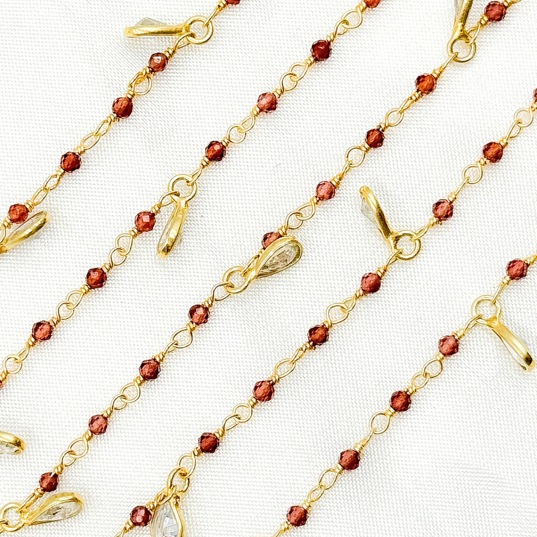 Garnet & CZ Dangle Gold Plated Wire Chain.