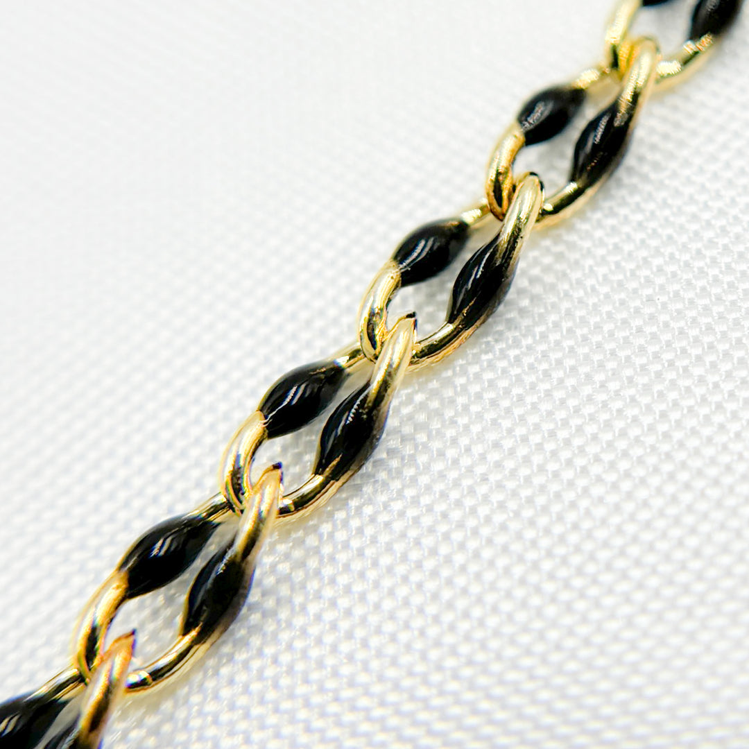 V244BKGP. 925 Sterling Silver Gold Plated Black Enamel Cable Link Chain