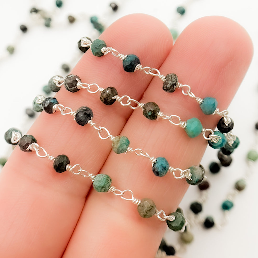 CHR33. Chrysocolla Sterling Silver Wire Chain