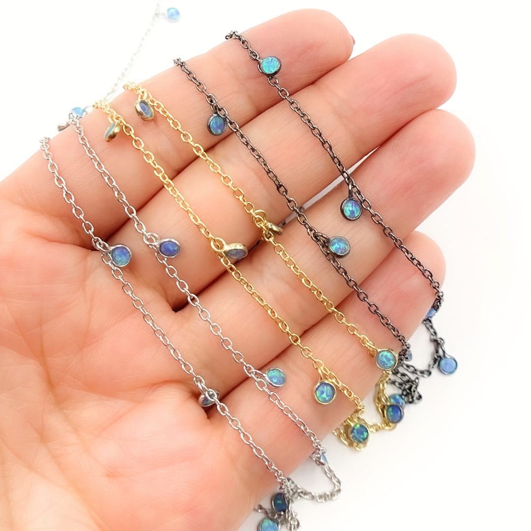 Created Blue Opal Round Shape Dangle Chain