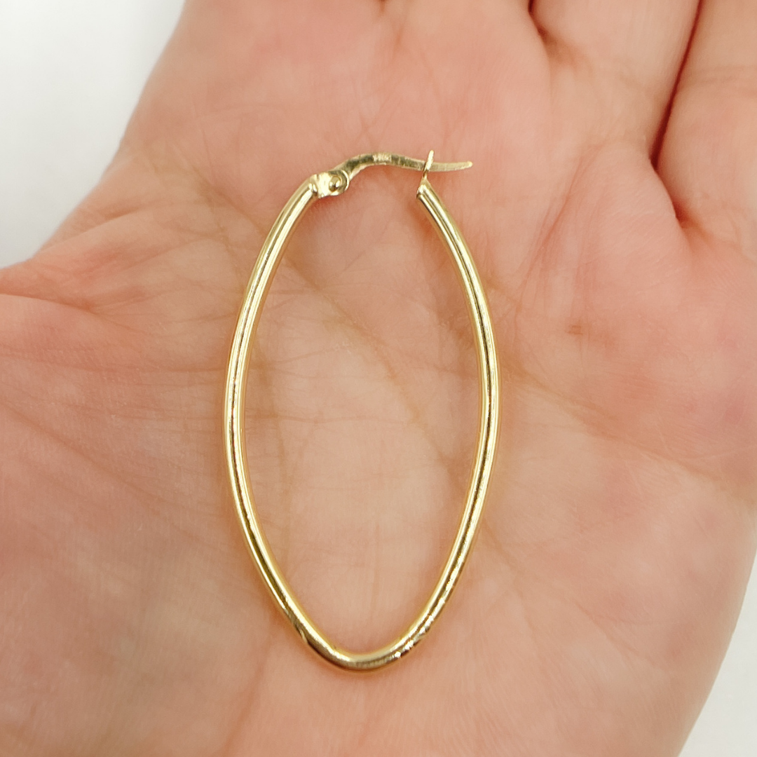 GER53. 14K Solid Gold Oval Shape Hollow Hoop Earrings