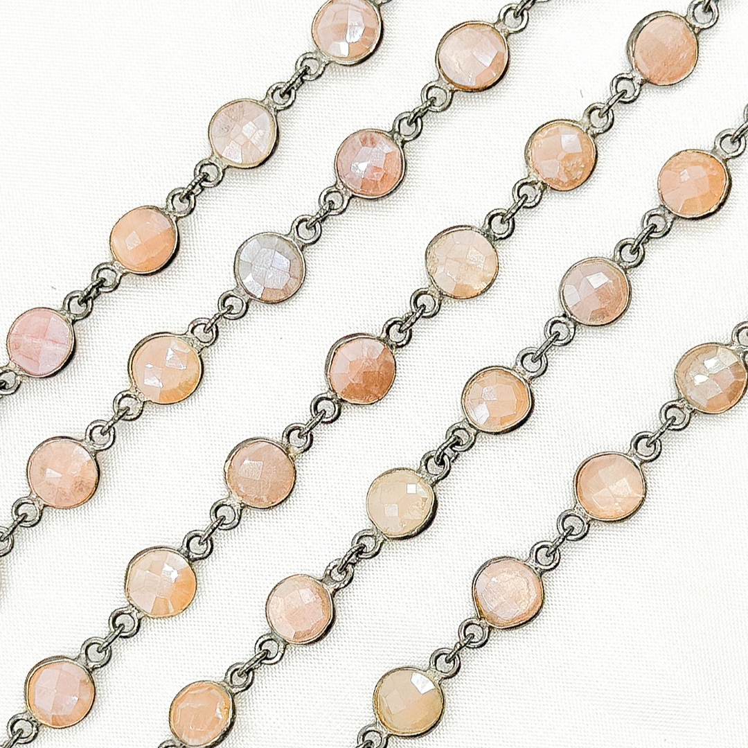 Coated Peach Moonstone Round Shape Bezel Oxidized Wire Chain.