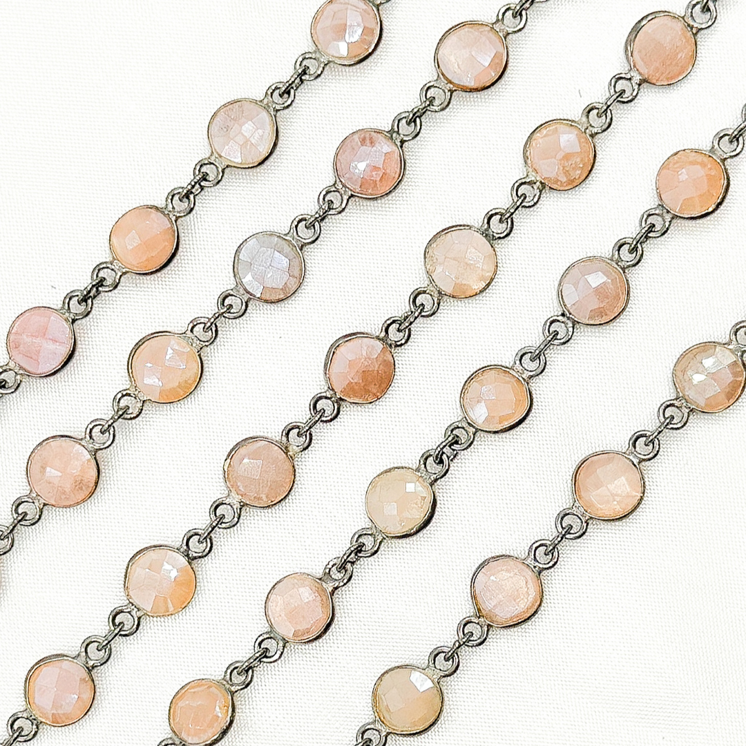 Coated Peach Moonstone Round Shape Bezel Oxidized Wire Chain. CMS17