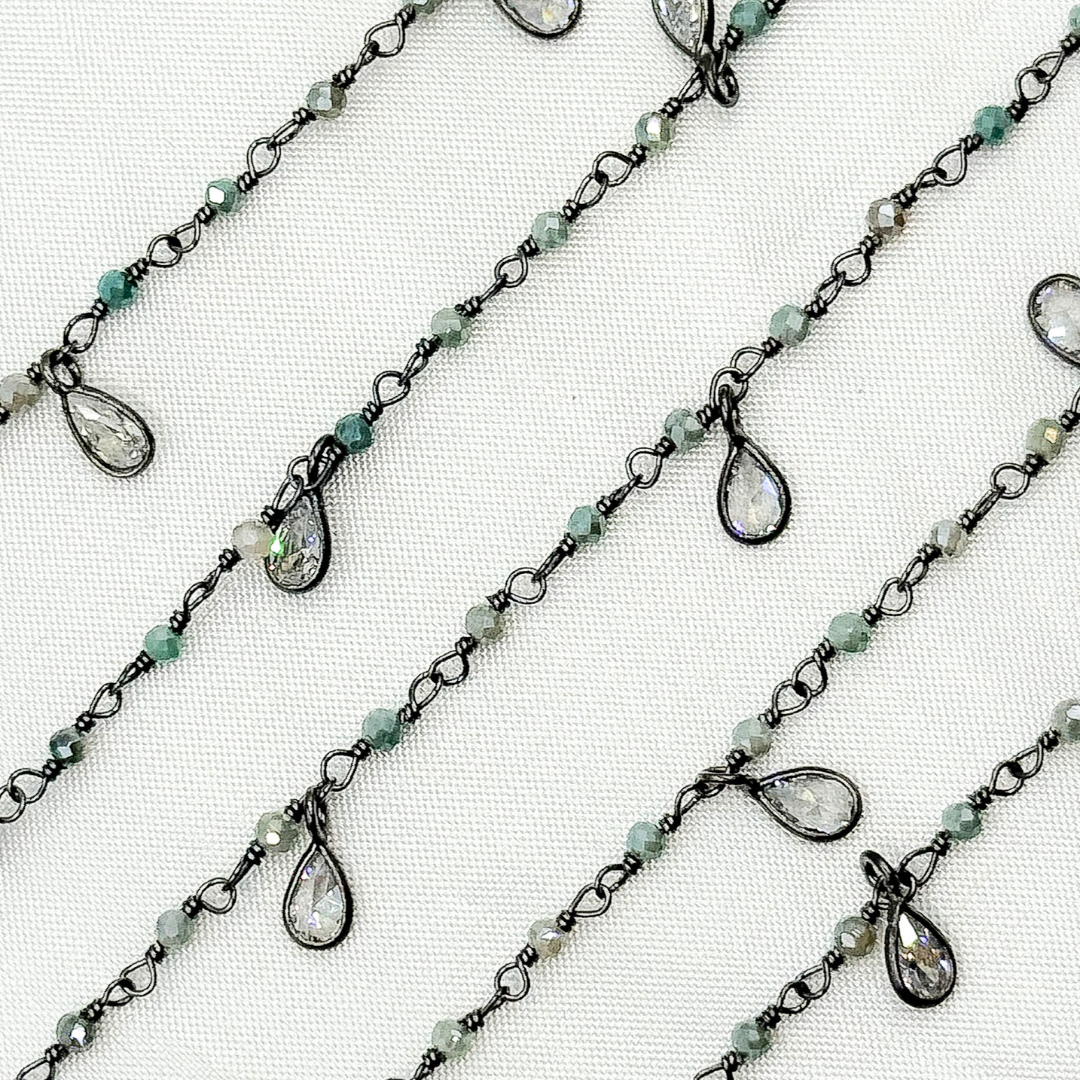 Coated Green Quartz & CZ Dangle Oxidized Wire Chain.