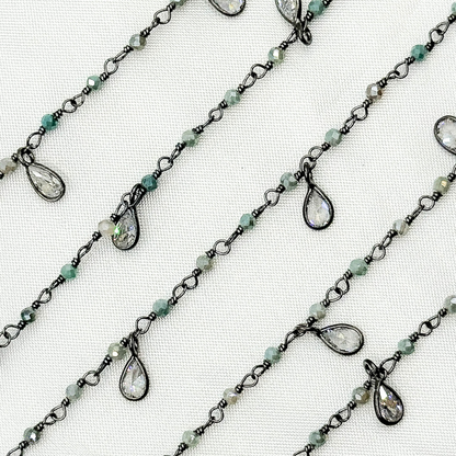 Coated Green Quartz & CZ Dangle Oxidized Wire Chain.