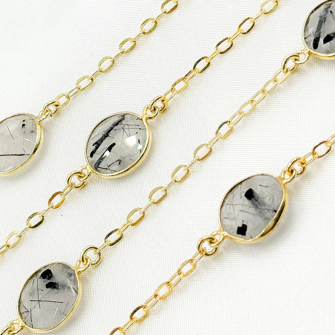 Black Rutile Round Shape Bezel Gold Plated Connected Wire Chain