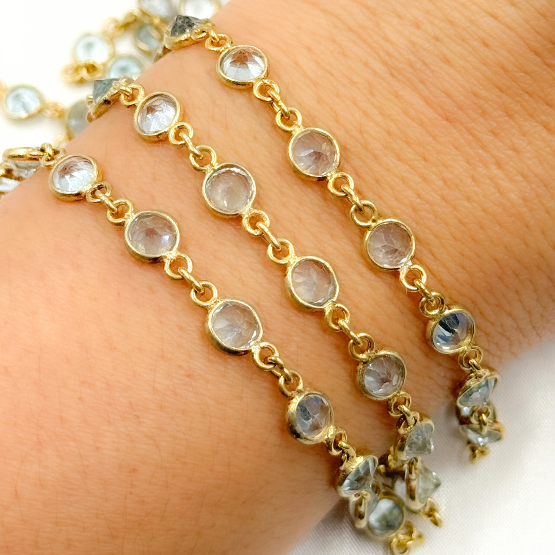Sky Blue Topaz Round Shape Bezel Gold Plated Wire Chain