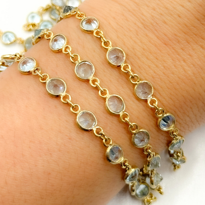 Sky Blue Topaz Round Shape Bezel Gold Plated Wire Chain