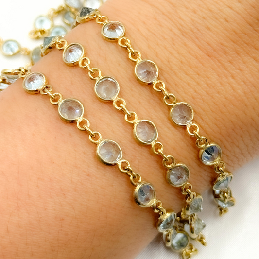 Sky Blue Topaz Round Shape Bezel Gold Plated Wire Chain