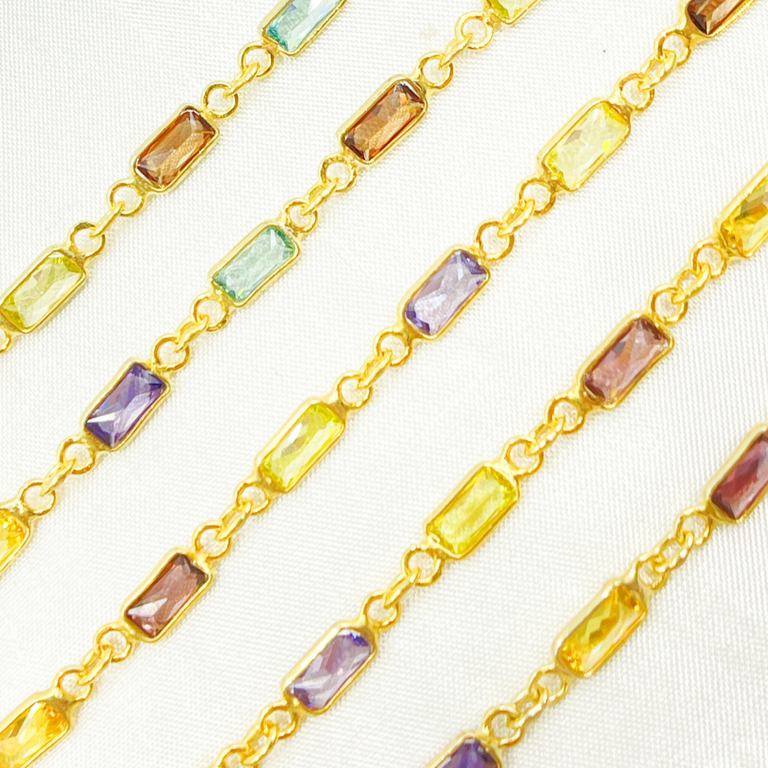 Multi Color Cubic Zirconia Rectangular Shape Connected Chain
