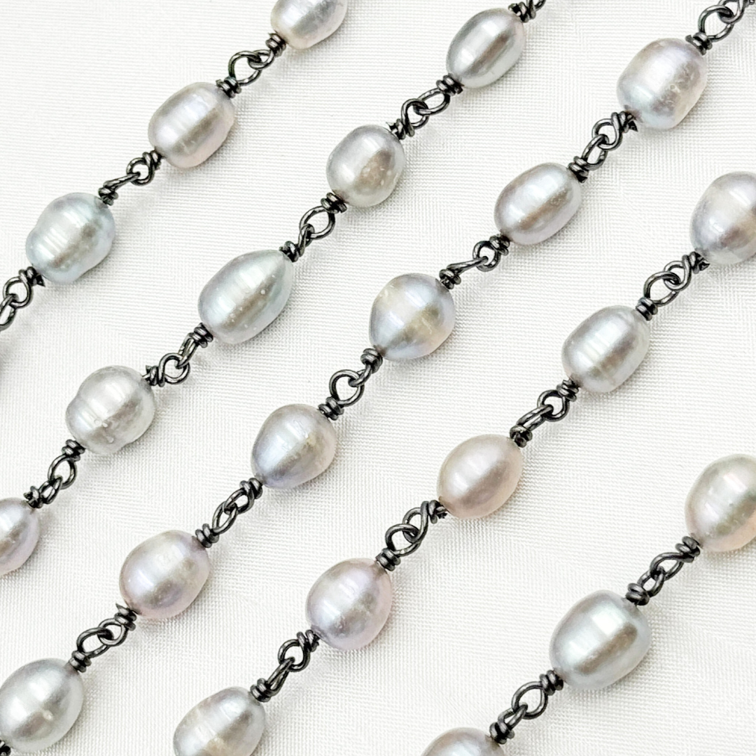 Grey Freshwater Pearl Organic Shape Wire Wrap Chain.
