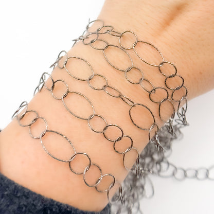 Oxidized Sterling Silver Diamond Cut Long and Short Oval Link Chain