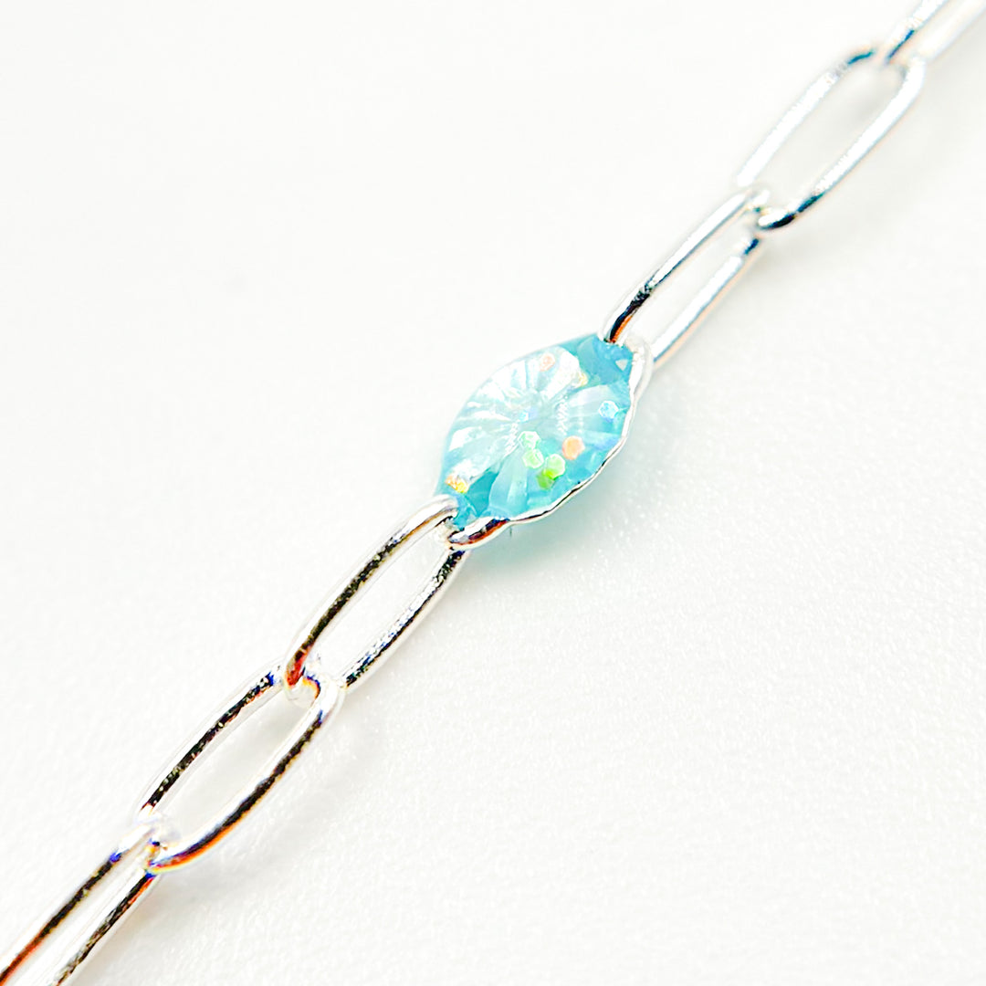 Sterling Silver Sky Blue Opal Color Enamel Cable Chain
