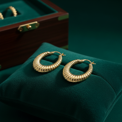 GER128. 14K Solid Gold Chunky Croissant Hollow Hoop Earrings