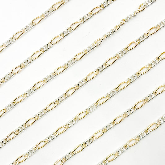 XM/3831C. 14K Gold Filled & Sterling Silver Figaro Link Chain – Long Gold, Short Silver Pattern