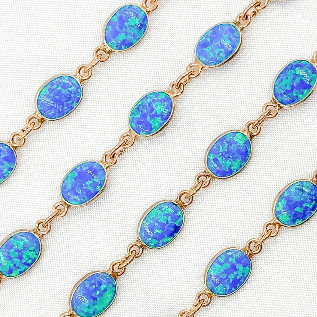 Created Blue Opal Oval Shape Connected Chain.