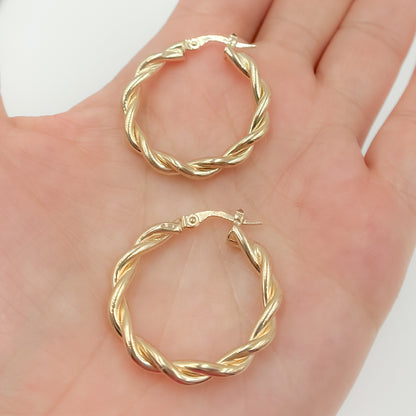 15850003133. 14K Solid Gold Twist Double Round Hollow Hoop Earrings