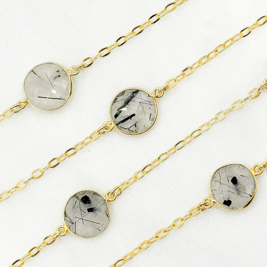 Black Rutile Round Shape Bezel Gold Plated Connected Wire Chain