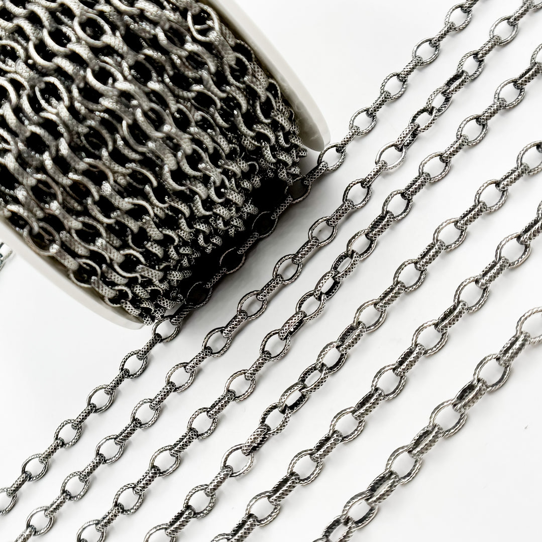 V25OX. Oxidized Sterling Silver Textured Oval Chain