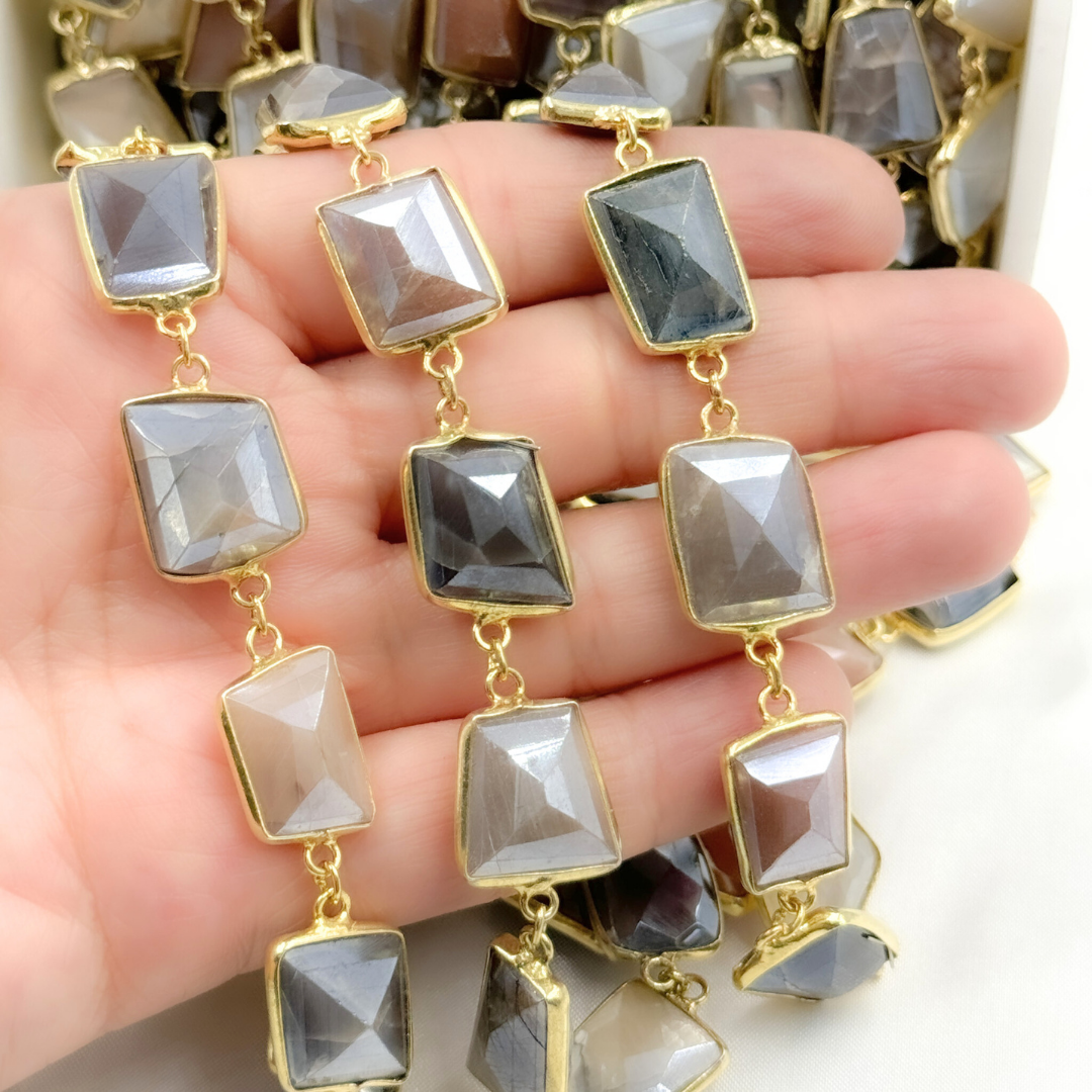 Coated Multi Moonstone Organic Shape Bezel Gold Plated Wire Chain. CMS30