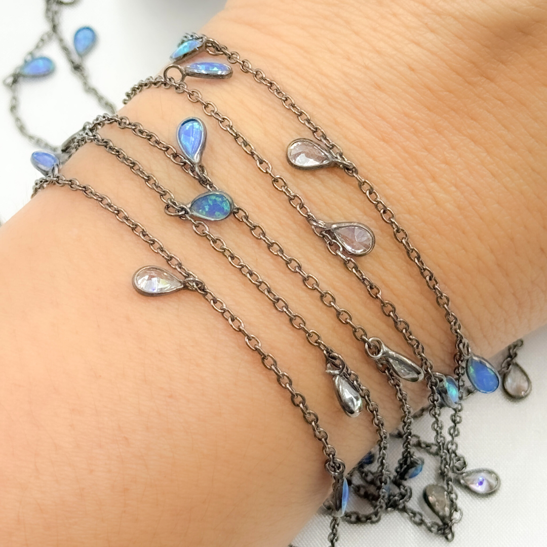 Created Blue Opal & CZ Tear Drop Shape Dangle Chain.