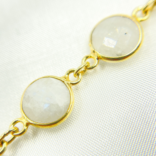 White Moonstone Round Shape Bezel Gold Plated Wire Chain.
