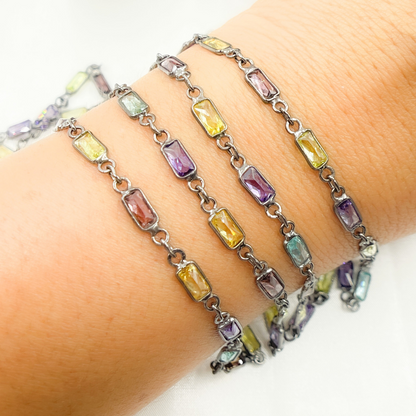 Multi Color Cubic Zirconia Rectangular Shape Connected Chain