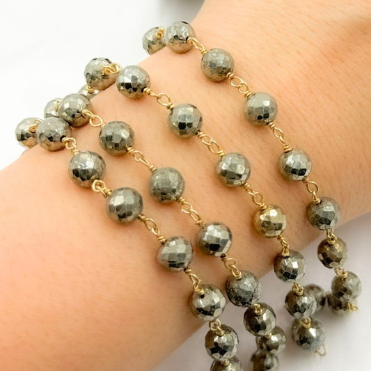 Pyrite Round shape Gold Plated 925 Sterling Silver Wire Chain