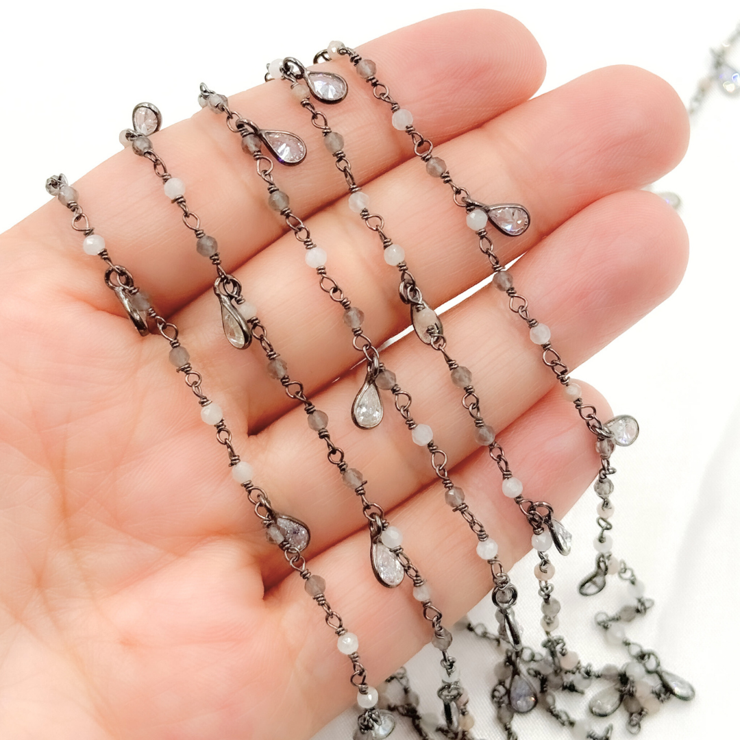 Multi Moonstone & CZ Dangle Oxidized Wire Chain