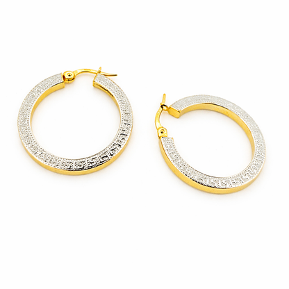 GER40. 14K Yellow and White Gold Earrings Round Shape Hoop with Texture