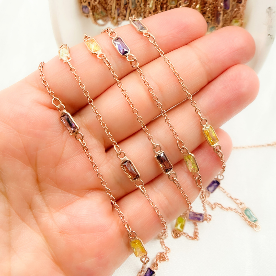 Multi Color Cubic Zirconia Rectangular Shape Connected Chain