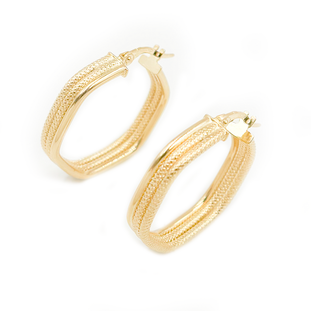15850023956. 14K Solid Gold Smooth and Textured Hexagonal Hollow Hoop Earrings