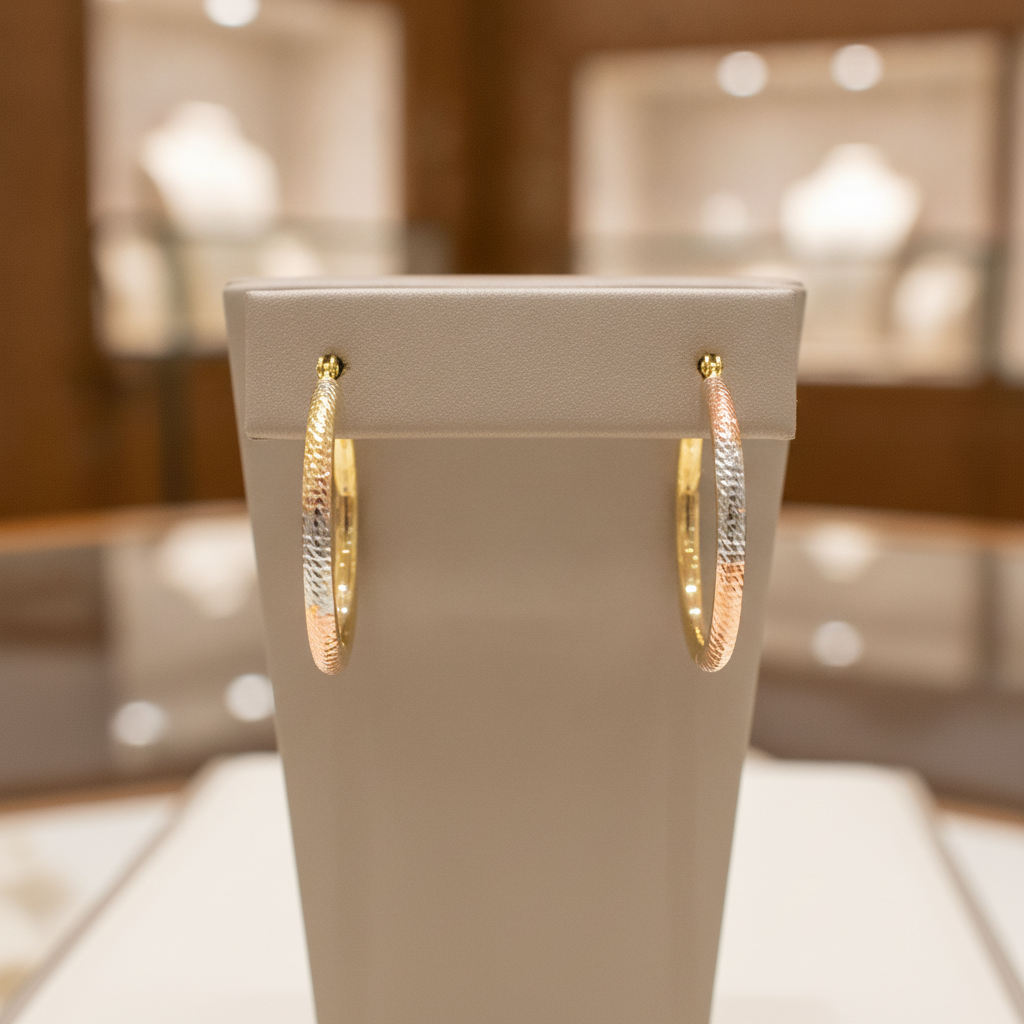 GER72. 14K Gold Tri-Color Hollow Hoop Earrings with Engraved Tornado Design