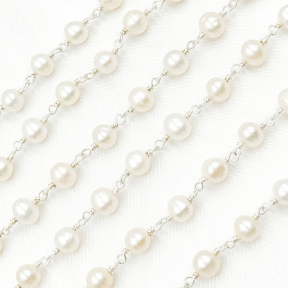 PRL57. White Pearl Round 925 Sterling Silver Wire Chain