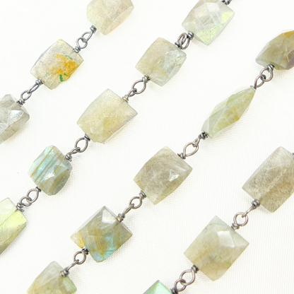 Labradorite Rectangular Shape Oxidized Wire Chain.