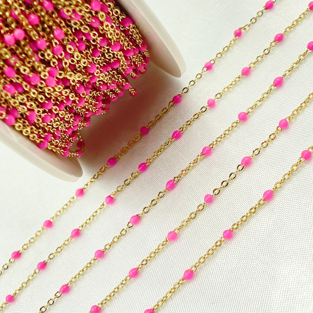 14k Solid Gold Cable Pink Enamel Chain