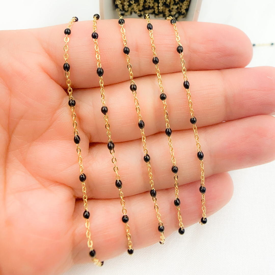 14K Solid Yellow Gold Enamel Black Color Cable Chain