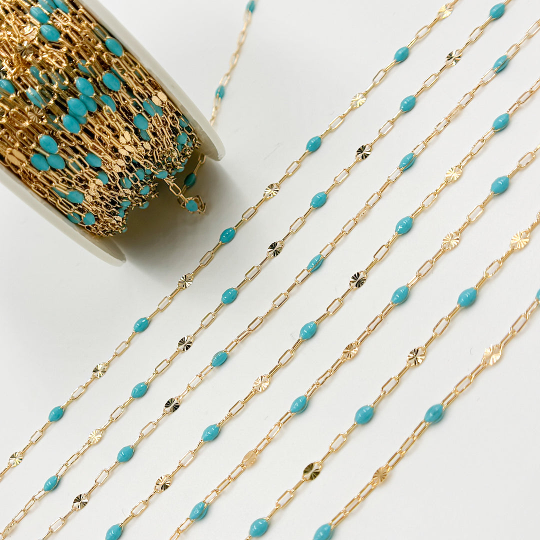 V295TURGF. 14K Gold Filled Turquoise Color Enamel with Paperclip and Diamond Cut Marina Links