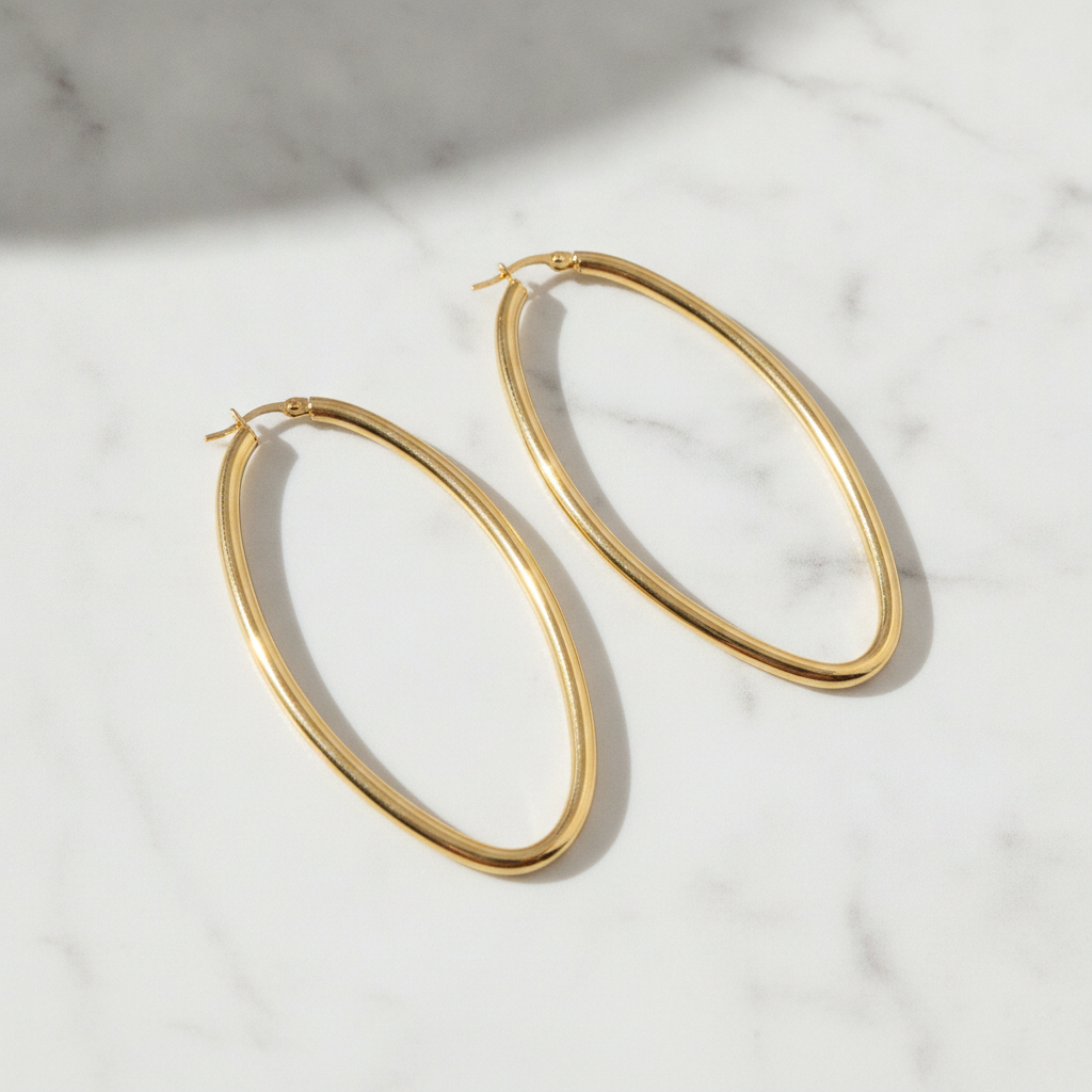 GER152. 14K Solid Gold Hollow Oval Hoop