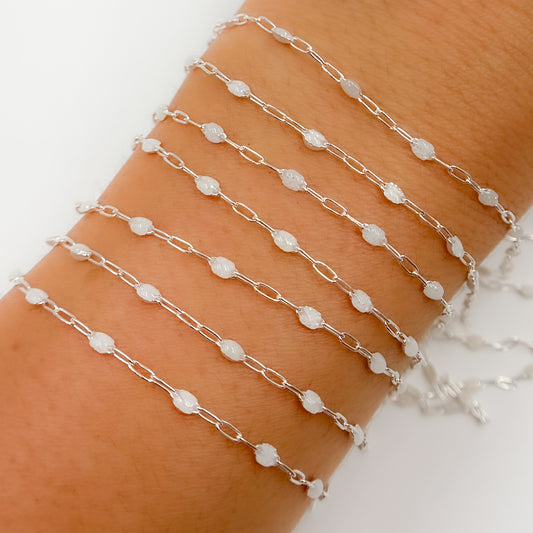 Sterling Silver White Color Opal Enamel Cable Chain