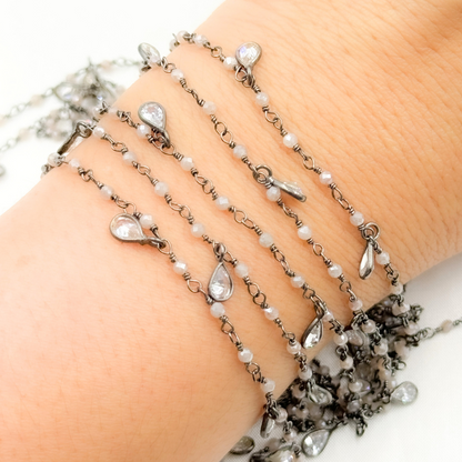 Coated Peach Moonstone & CZ Dangle Oxidized Wire Chain.