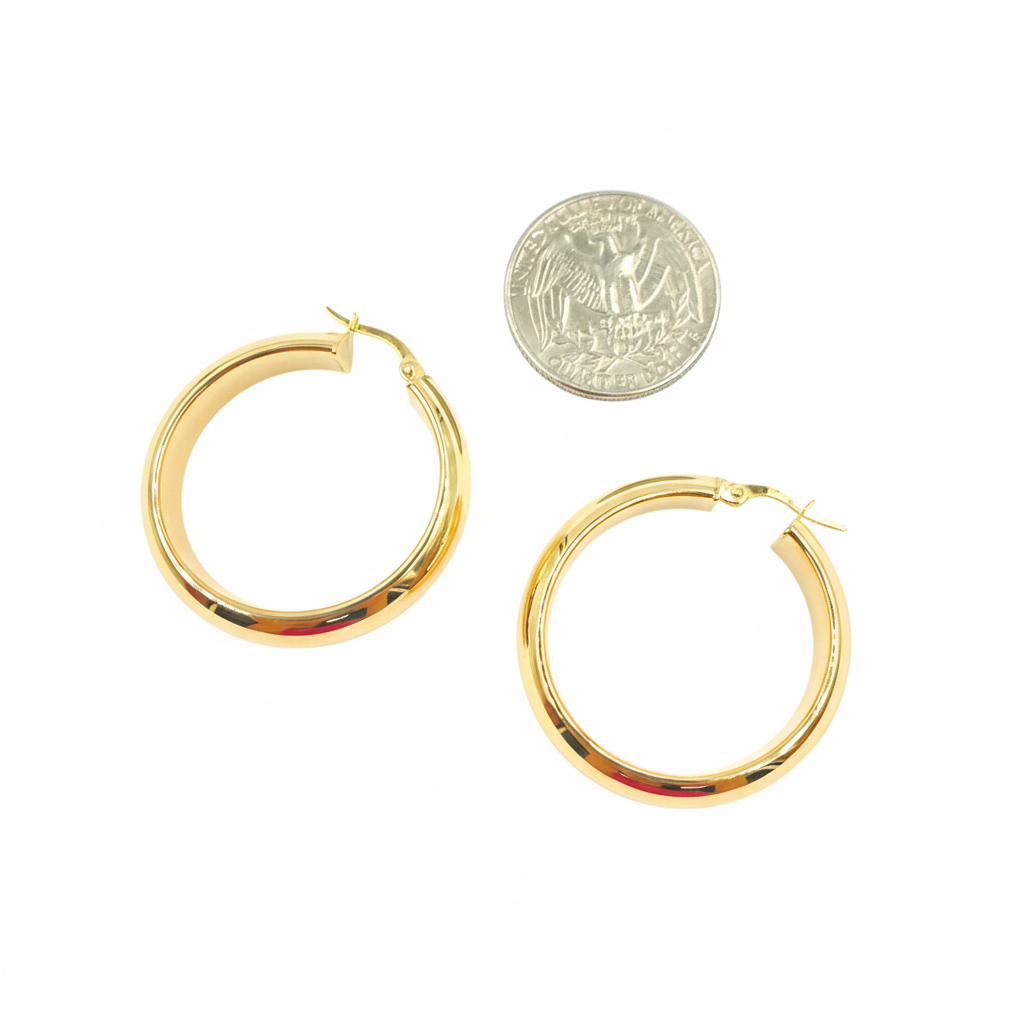 GER154. 14K Solid Gold Hollow Hoop Earrings