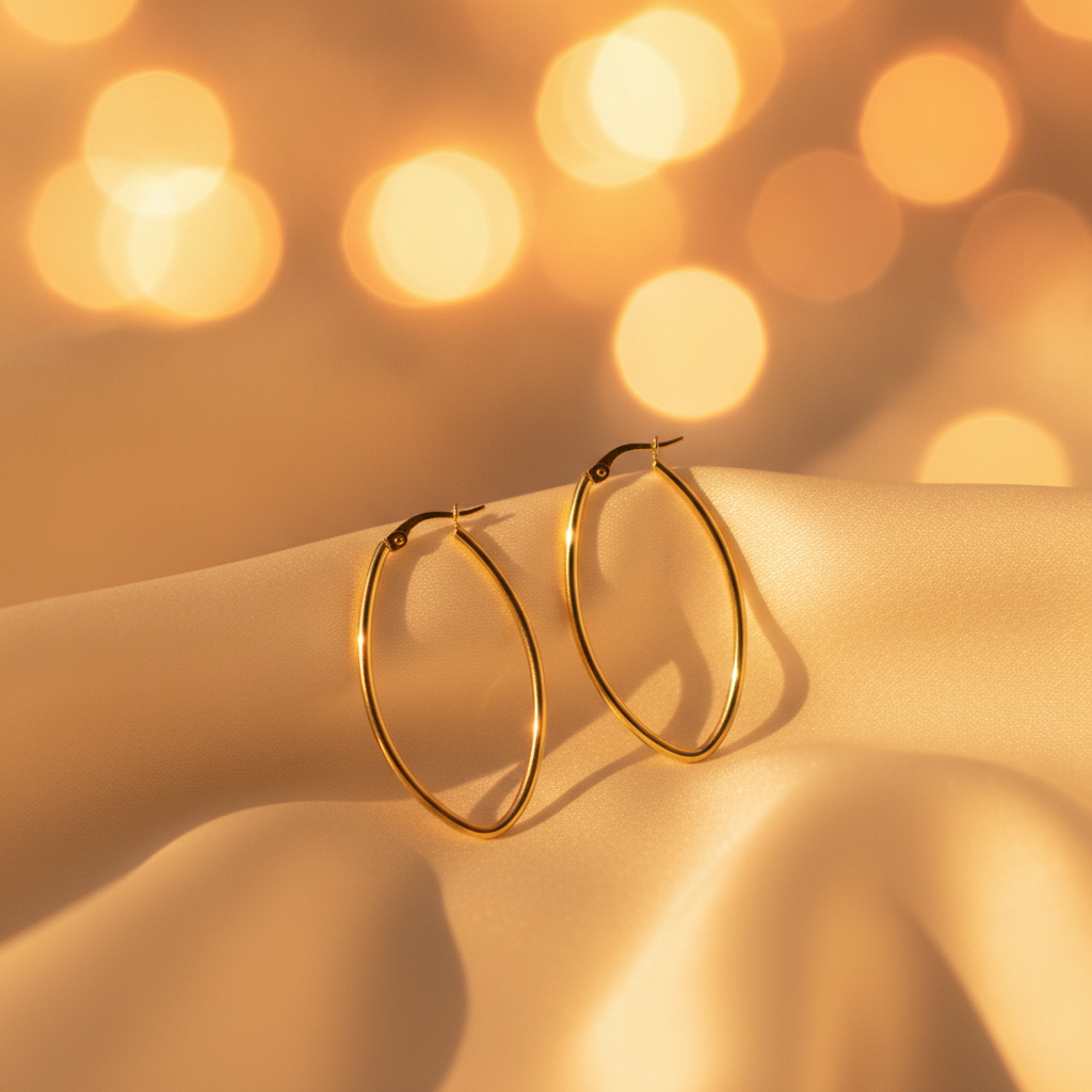 GER53. 14K Solid Gold Oval Shape Hollow Hoop Earrings